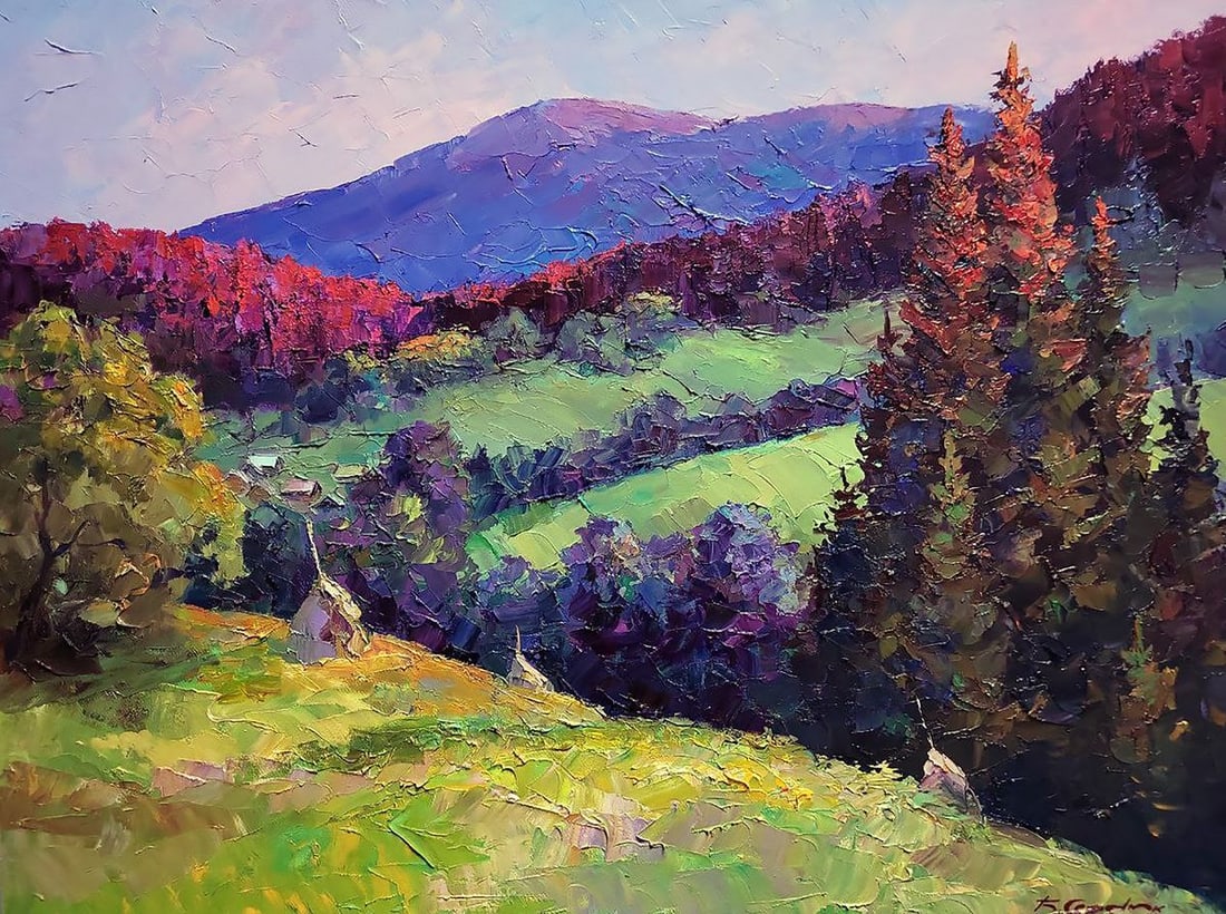Oil painting Evening in the mountains Boris Serdyuk: Title: Oil painting Evening in the mountains Boris Serdyuk Description: NoSERB 1047The painting "Evening in the Mountains" is a vibrant and textured oil canvas that presents a dynamic and colorful mou