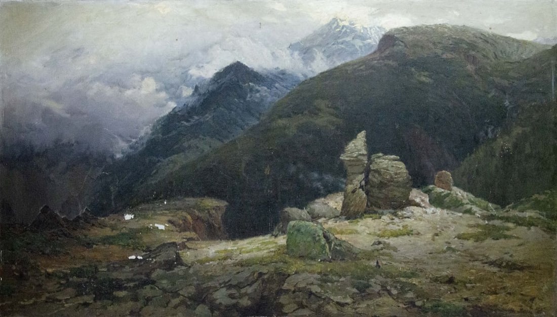 Oil painting Caucasus: Title: Oil painting Caucasus Description: NoVernd 134 *** ABOUT THIS PAINTING *** * TITLE: "Caucasus" * ARTISTS: Unknown artist * SIZE: 105x185 cm/'41.33x72.83 inches' * MEDIUM: oil, canvas * HAND