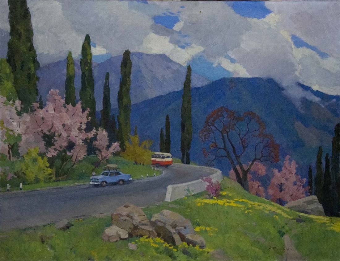 Oil painting Mountain road: Title: Oil painting Mountain road Description: NoVernd 140 *** ABOUT THIS PAINTING *** * TITLE: "Mountain road" * ARTISTS: Unknown artist * SIZE: 110x150 cm/'43.30x59.05 inches' * MEDIUM: oil, canvas