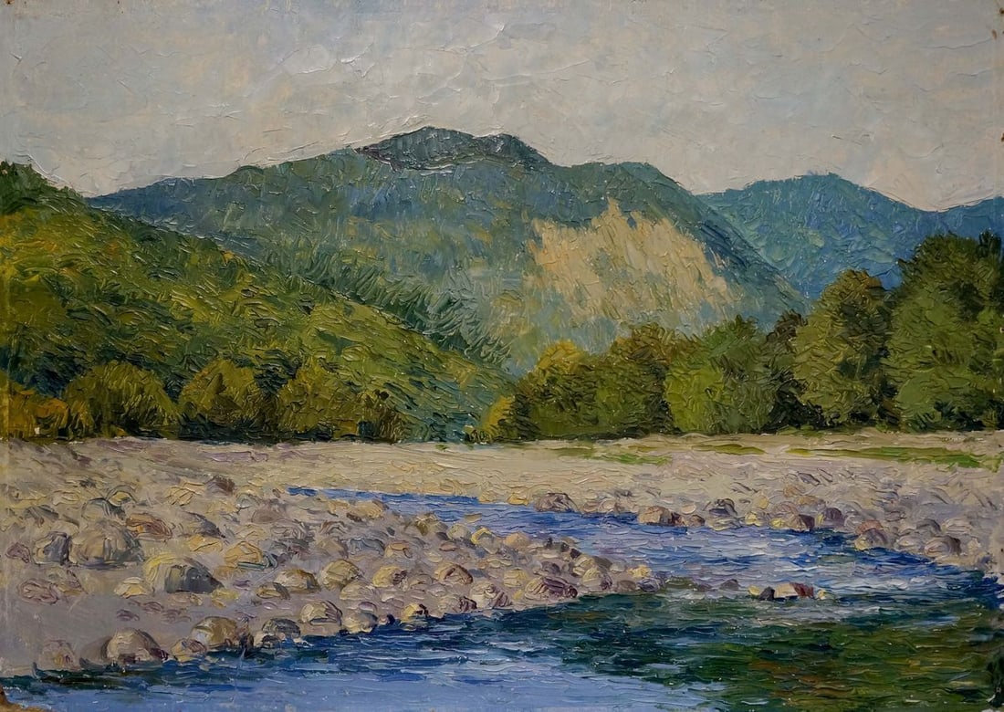Oil painting Mountain landscape: Title: Oil painting Mountain landscape Description: NoVerns 221 *** ABOUT THIS PAINTING *** * TITLE: "Mountain landscape" * ARTISTS: Unknown artist * SIZE: 49x69 cm/'19.29x27.16 inches' * MEDIUM: