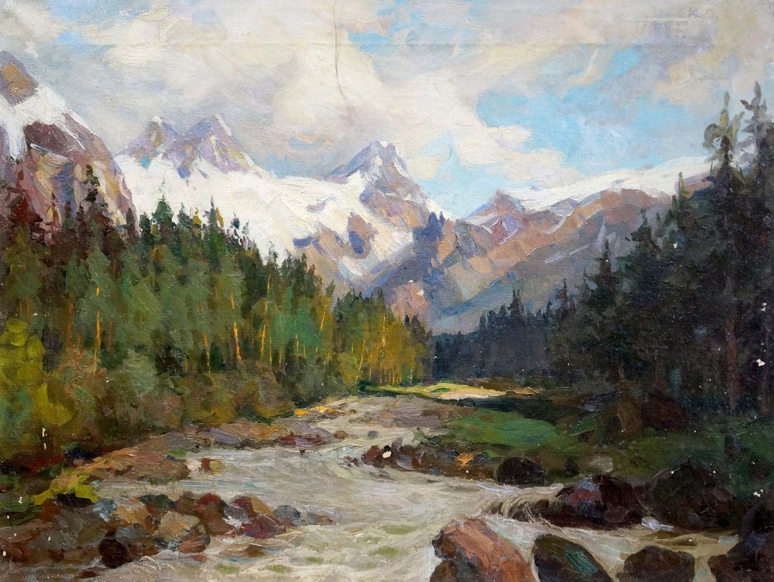 Oil painting Mountain landscape: Title: Oil painting Mountain landscape Description: NoVerns 894 *** ABOUT THIS PAINTING *** * TITLE: "Mountain landscape" * ARTISTS: Unknown artist * SIZE: 53x70 cm/'20.86x27.55 inches' * MEDIUM: oil,