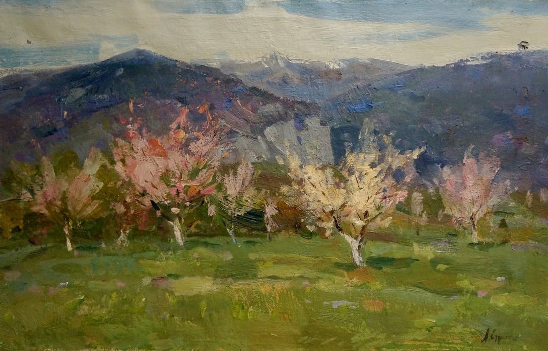 Oil painting Trees are blooming Strelov Arkady Efimovich: Title: Oil painting Trees are blooming Strelov Arkady Efimovich Description: NoVern 658 *** ABOUT THIS PAINTING *** * TITLE: "Trees are blooming" * ARTISTS: Strelov Arkady Efimovich * SIZE: 44x69.5 cm