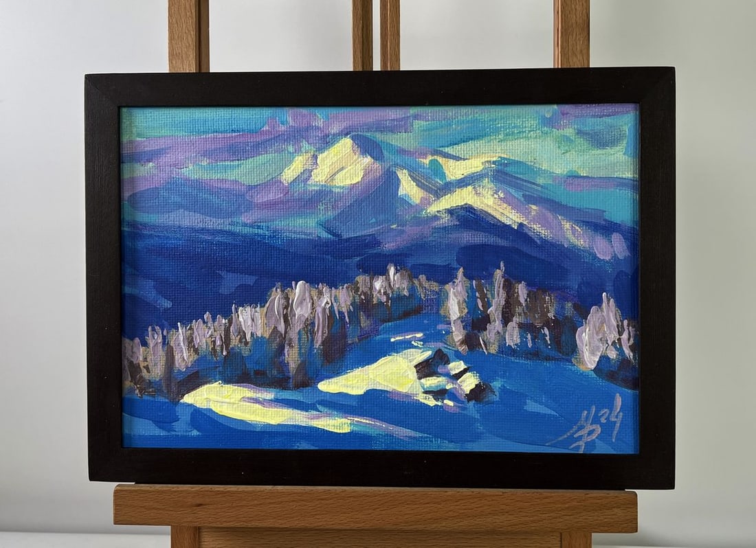 Acrylic painting The beauty of mountain winter Mykhailo Patskan: Title: Acrylic painting The beauty of mountain winter Mykhailo Patskan Description: NoAAA4879The acrylic painting on cardboard titled "The Beauty of Mountain Winter" is a striking representation of