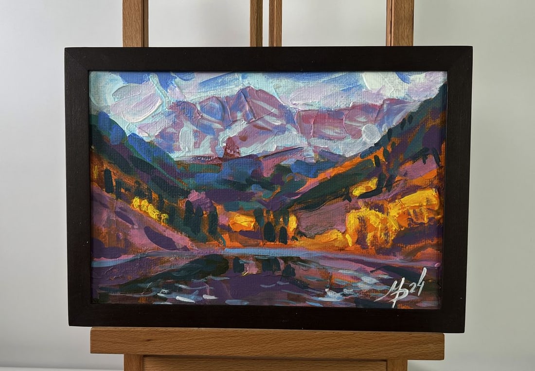 Acrylic painting Relaxation in a mountain lake Mykhailo Patskan: Title: Acrylic painting Relaxation in a mountain lake Mykhailo Patskan Description: NoAAA4882The acrylic painting on cardboard titled "Relaxation in a Mountain Lake" captures the serene magnificence