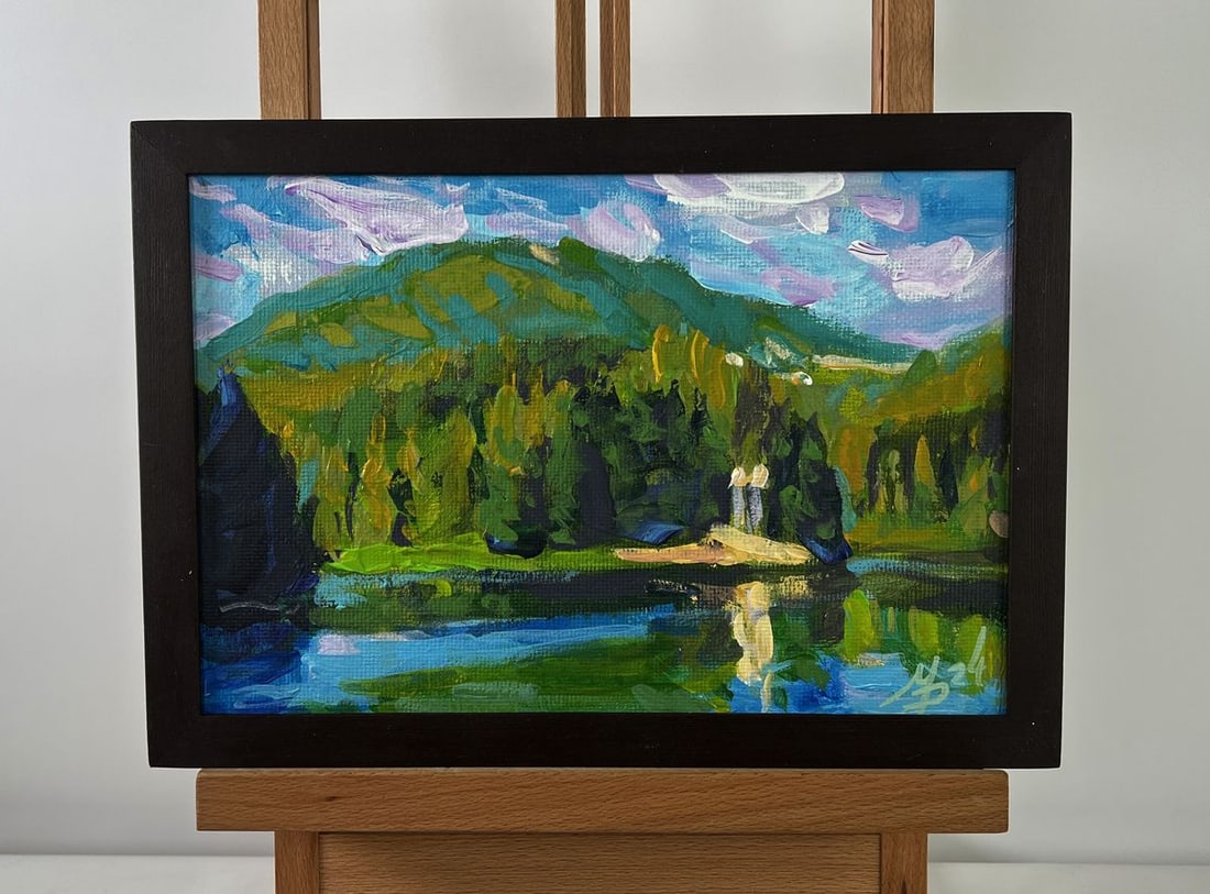 Acrylic painting Summer reflection of the peaks Mykhailo Patskan: Title: Acrylic painting Summer reflection of the peaks Mykhailo Patskan Description: NoAAA4884The acrylic painting on cardboard titled "Summer Reflection of the Peaks" immerses the viewer in a serene 