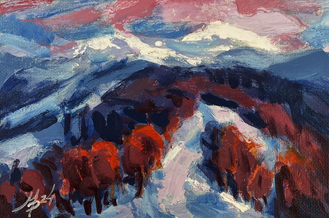 Acrylic painting Winter evening in the mountains Mykhailo Patskan - 3