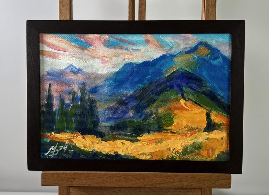 Acrylic painting Walking on the top of the mountains Mykhailo Patskan: Title: Acrylic painting Walking on the top of the mountains Mykhailo Patskan Description: NoAAA4928The acrylic painting on cardboard titled "Walking on the Top of the Mountains" vividly captures the b