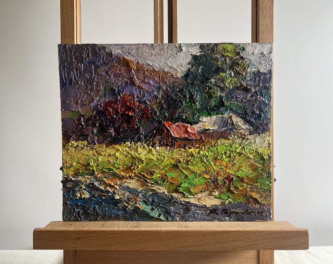 Oil painting Autumn in the mountains Boris Serdyuk: Title: Oil painting Autumn in the mountains Boris Serdyuk Description: NoAAA3739The oil painting on cardboard, titled "Autumn in the Mountains", beautifully captures the warmth and depth of the fall s