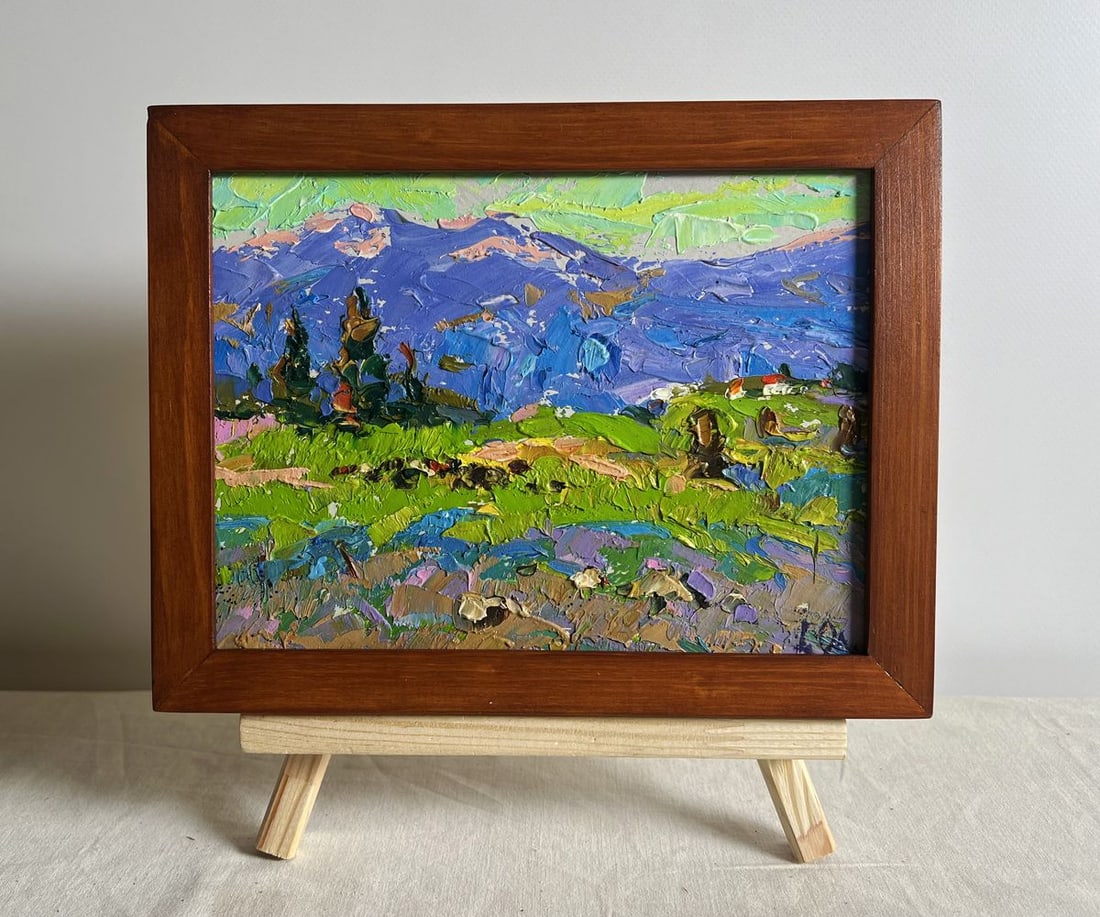 Oil painting On the mountain plains Alex Kalenyuk: Title: Oil painting On the mountain plains Alex Kalenyuk Description: NoAAA3868This oil painting cardboard, titled "On the mountain plains", the artist employs an impasto technique, using thick, textu