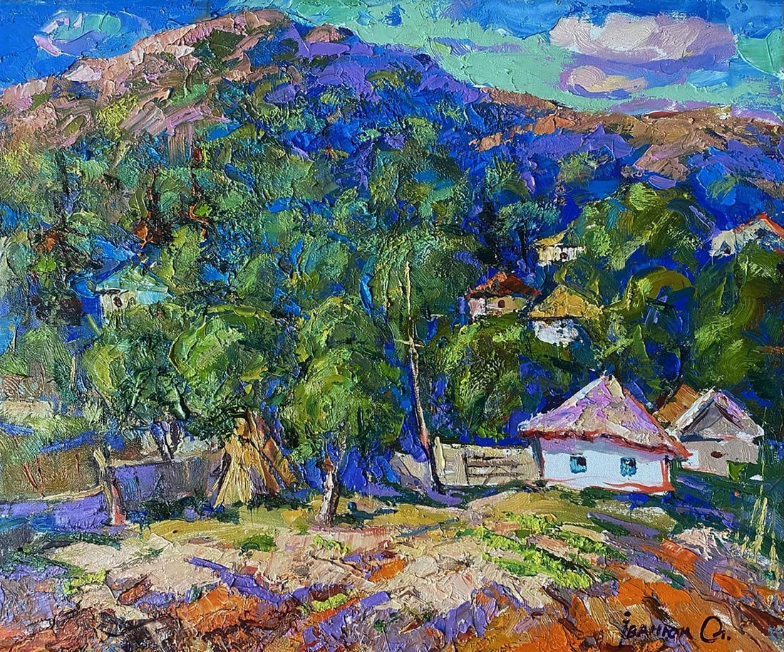 Oil painting A village in a valley Alex Kalenyuk: Title: Oil painting A village in a valley Alex Kalenyuk Description: NoKalen 1417The painting "A Village in a Valley" masterfully captures the serene beauty of a small rural village nestled at the foo