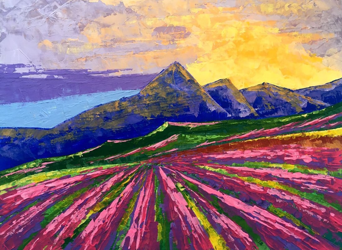Oil painting Sunrise on the mountains Zadorozhnya V. V.: Title: Oil painting Sunrise on the mountains Zadorozhnya V. V. Description: NoAAA2646 The oil painting depicts a stunning summer sunset scene, where the focal point is a majestic mountain range