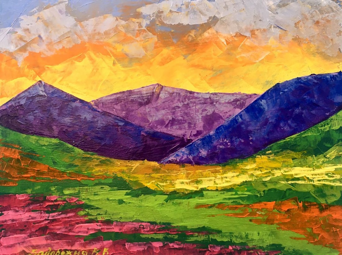 Oil painting By the evening Zadorozhnya V. V.: Title: Oil painting By the evening Zadorozhnya V. V. Description: NoAAA2651 The painting captures the majesty of nature at its finest. The backdrop is dominated by a range of imposing gray mountains