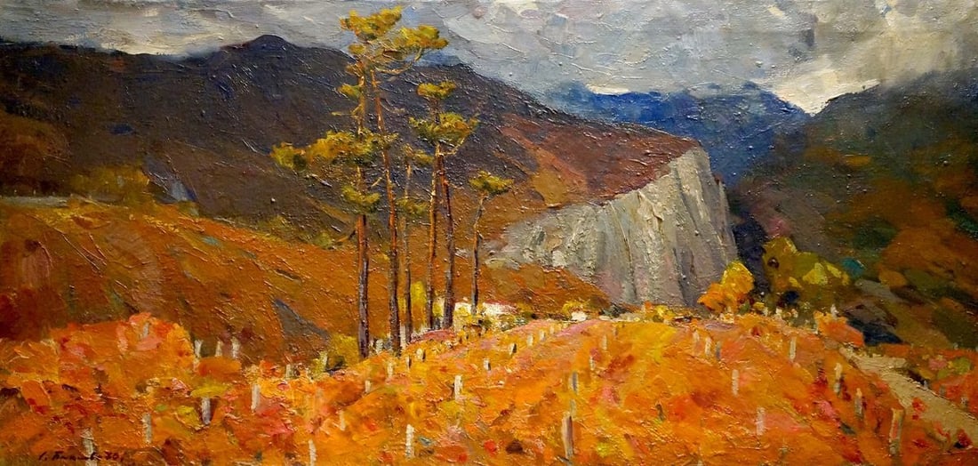 Oil painting Vineyards Bakaev Sergey Ivanovich: Title: Oil painting Vineyards Bakaev Sergey Ivanovich Description: NoVerne 222 *** ABOUT THIS PAINTING *** * TITLE: "Vineyards" * ARTISTS: Bakaev Sergey Ivanovich * SIZE: 56x116 cm/'22.04x45.66 inches