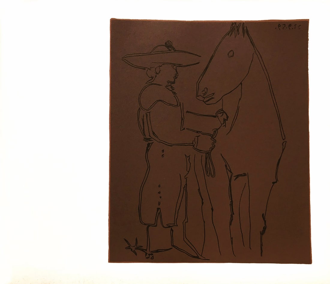 Picasso 9 Picador et Cheval: Title: Picasso 9 Picador et Cheval Description: Artist: Pablo Picasso. Country: Spain. Title: Picador et Cheval. Medium: Multichrome - 9. Marks: Not signed, not numbered. Paper size 12.50 x 15 inch