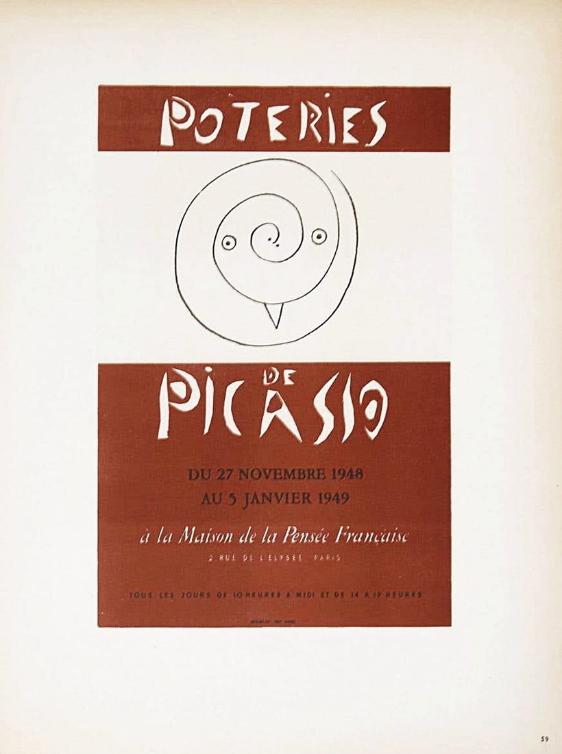 Picasso Lithograph 59 Poteries de Picasso 1959: Title: Picasso Lithograph 59 Poteries de Picasso 1959 Description: Title: Poteries de Picasso 1959. Artist: Pablo Picasso. Country: Spain. Medium: Lithograph - 59. Paper size: 12.50 X 9.50 inch. Print