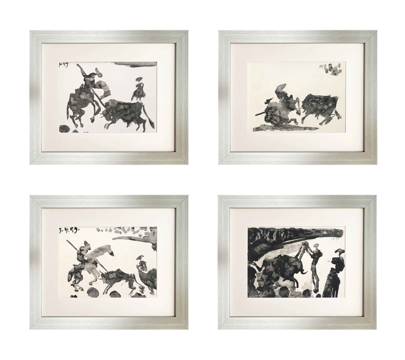 Pablo Picasso Set of four Framed Toros y Toreros: Title: Pablo Picasso Set of four Framed Toros y Toreros Description: Artist: Pablo Picasso. Country: Spain. Title: Set of Four Toros y Toreros dated 3-4-59. Medium: Bichromie. Marks: Not signed, not