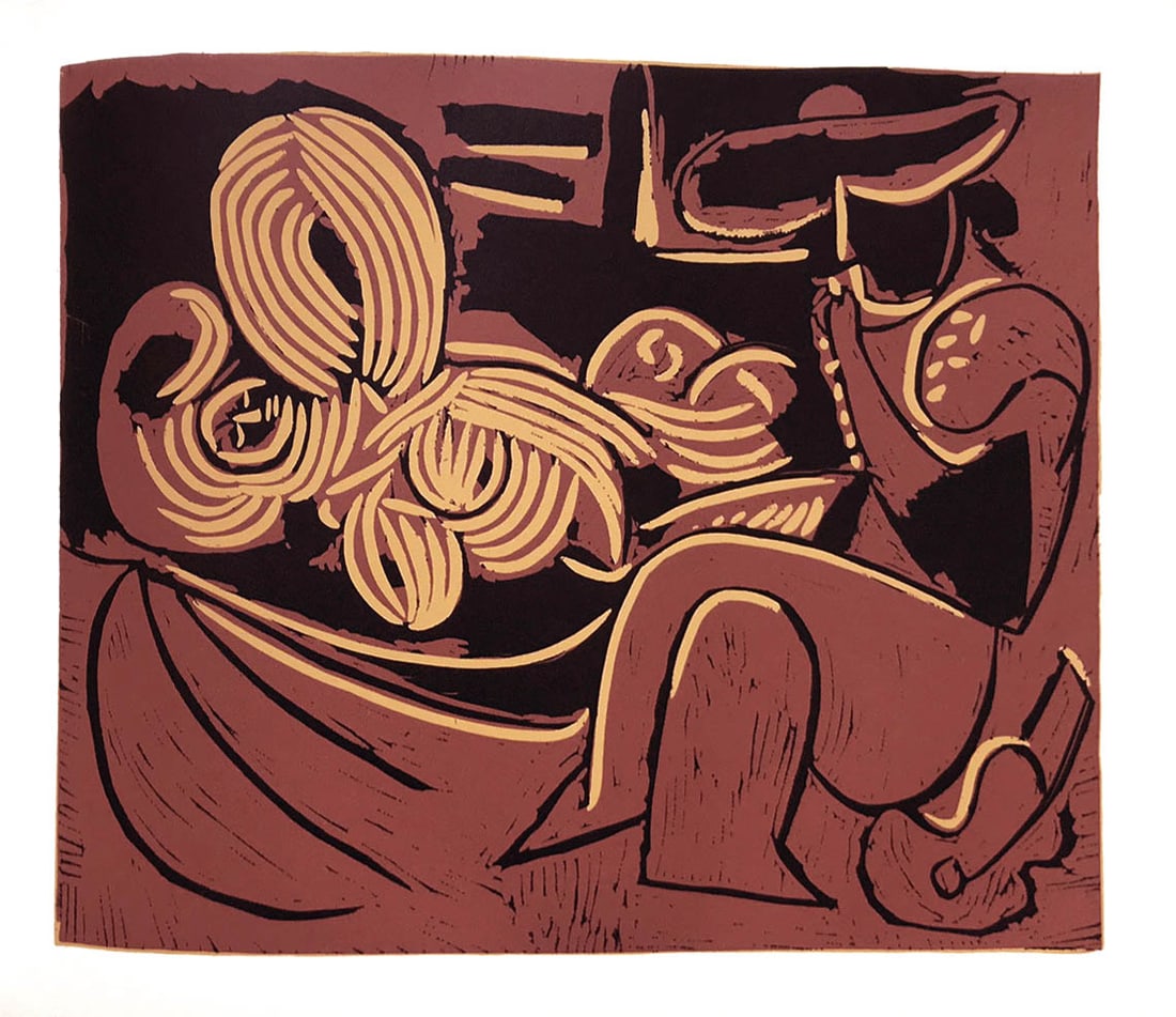 Picasso 13 Femme Couchee et Homme a la Guitare: Title: Picasso 13 Femme Couchee et Homme a la Guitare Description: Artist: Pablo Picasso. Country: Spain. Title: Femme Couchee et Homme a la Guitare. Medium: Multichrome - 13. Marks: Not signed, not n