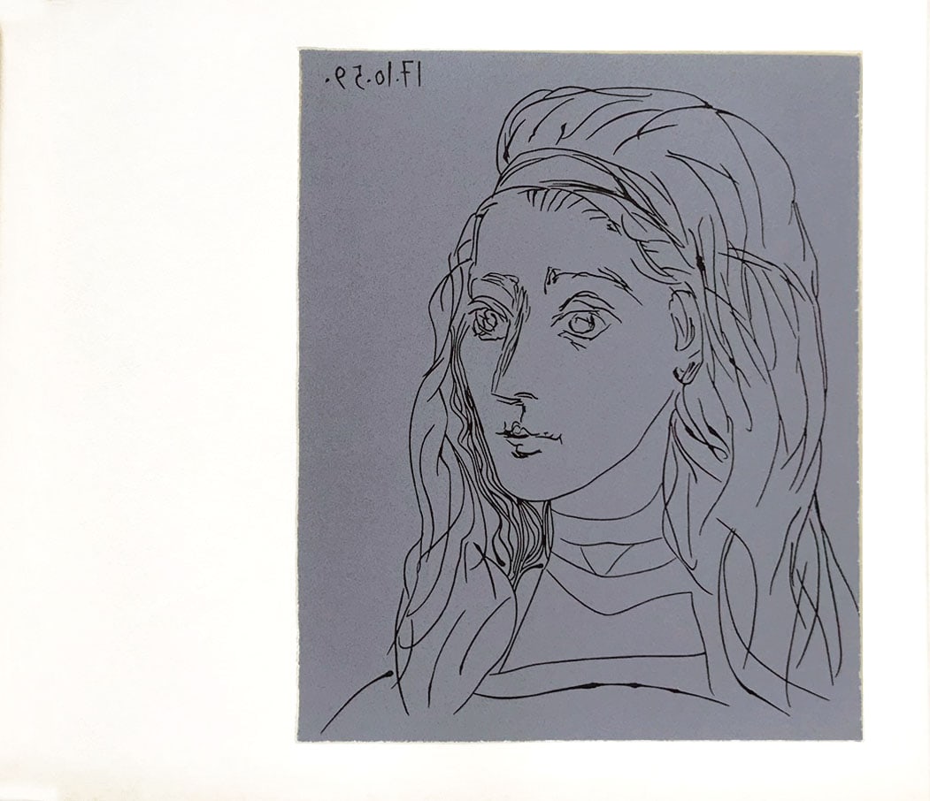 Pablo Picasso 20 Jacqueline: Title: Pablo Picasso 20 Jacqueline Description: Artist: Pablo Picasso. Country: Spain. Title: Jacqueline. Medium: Multichrome - 20. Marks: Not signed, not numbered. Paper size 12.50 x 15 inch on heavy