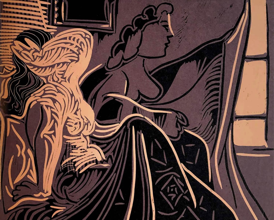 Picasso Linocut Two Women Near the Window 1978: Title: Picasso Linocut Two Women Near the Window 1978 Description: Title: Two women near the window. Artist: Pablo Picasso (after). Country: Spain. Medium: Linocut in 3 colors. Marks: Text placed