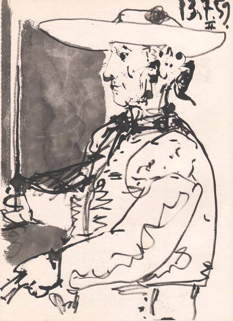 Pablo Picasso Toros y Toreros 2 dated 13/7/59: Title: Pablo Picasso Toros y Toreros 2 dated 13/7/59 Description: Artist: Pablo Picasso. County: Spain. Title: Toros y Toreros 2 dated 13/7/59. Medium: Bichromie. Paper size: On vellum 14.75 x 10.50 i