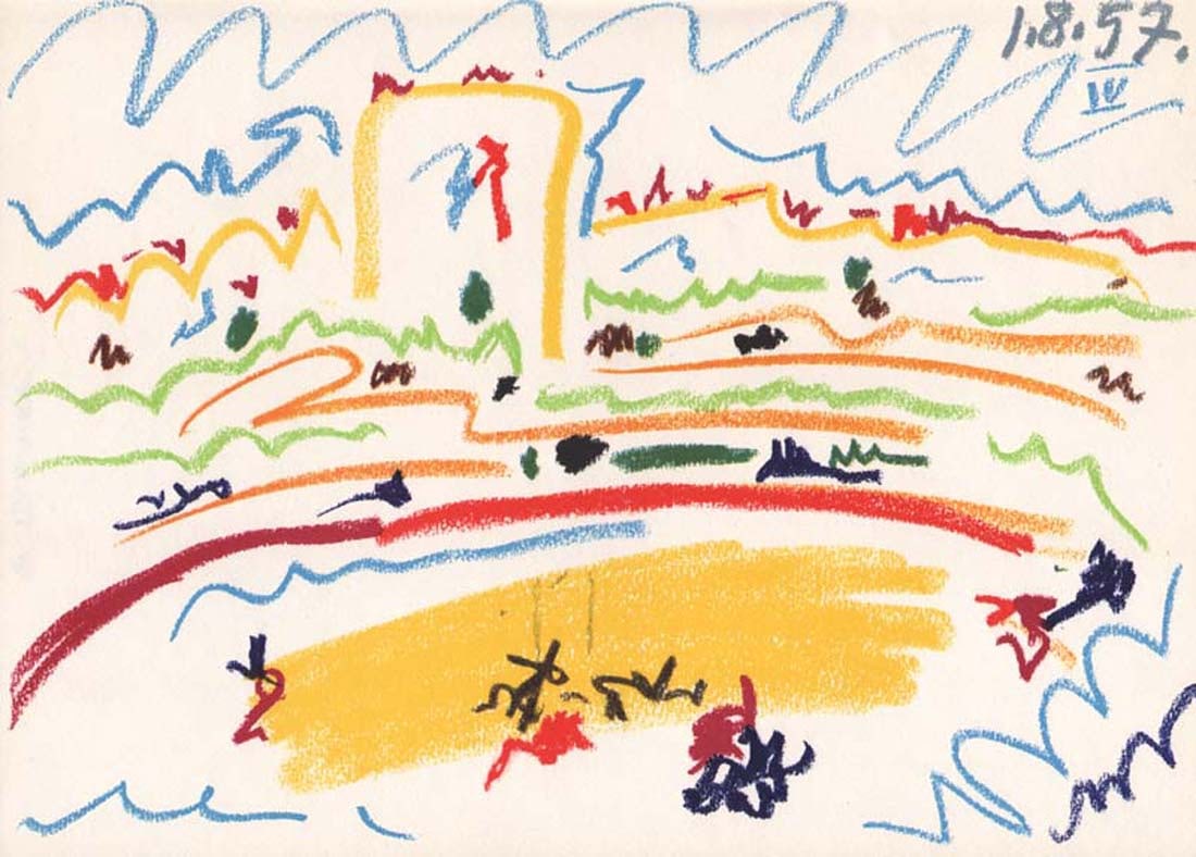 Pablo Picasso Toros y Toreros 4 dated 1/8/57: Title: Pablo Picasso Toros y Toreros 4 dated 1/8/57 Description: Artist: Pablo Picasso. County: Spain. Title: Toros y Toreros 4 dated 1/8/57. Medium: Bichromie. Paper size: On vellum 14.75 x 10.50 inc