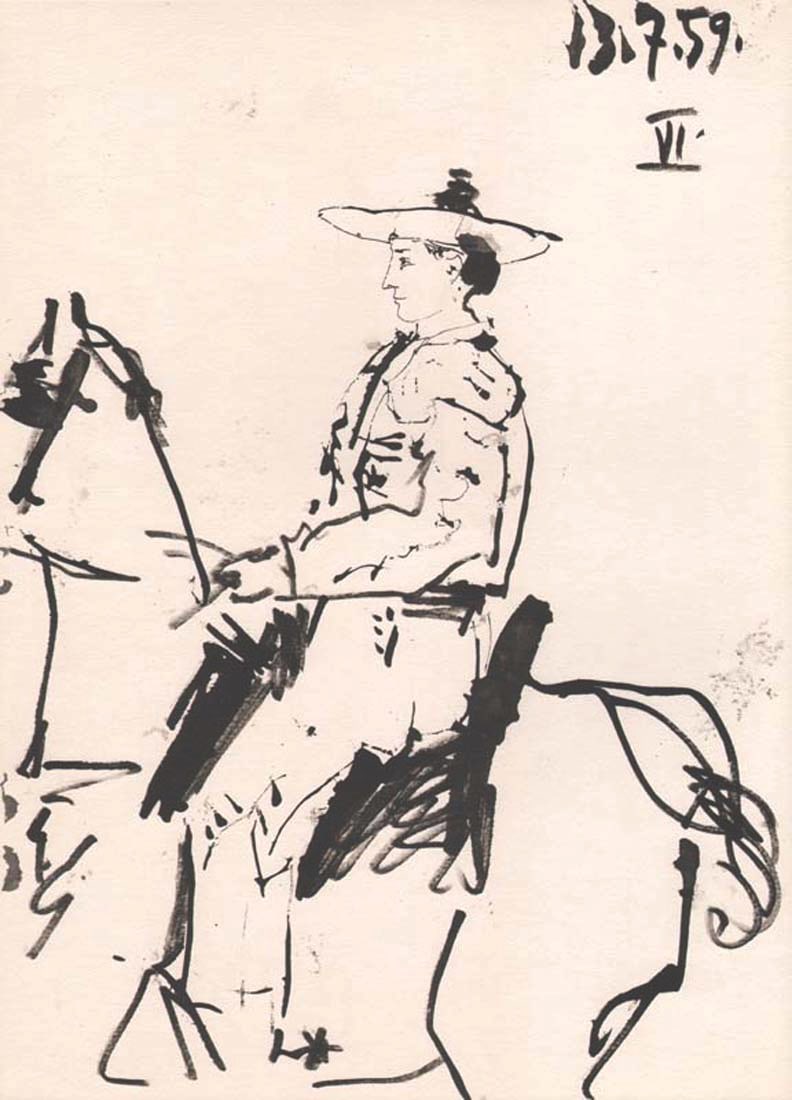 Pablo Picasso Toros y Toreros 6 dated 13/7/59: Title: Pablo Picasso Toros y Toreros 6 dated 13/7/59 Description: AArtist: Pablo Picasso. Country: Spain. Title: Toros y Toreros 6 dated 13/7/59. Medium: Bichromie. Marks: Not signed not numbered. Pap