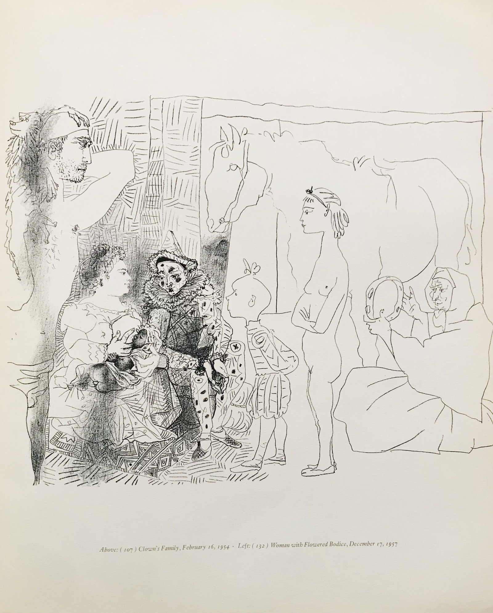 1959 Picasso lithograph Clown's Family: Title: 1959 Picasso lithograph Clown's Family Description: Artist: Pablo Picasso. Country: Spain. Title: Clown's Family. Medium: Lithograph. Marks: Not signed, not numbered. Paper Size: 17 x 14 inch. 