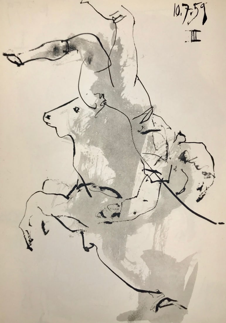 Pablo Picasso Toros y Toreros 3 dated 10/7/59: Title: Pablo Picasso Toros y Toreros 3 dated 10/7/59 Description: Artist: Pablo Picasso. Country: Spain. Title: Toros y Toreros 3 dated 10/7/59. Medium: Brichromie. Marks: Not signed not numbered. Pap