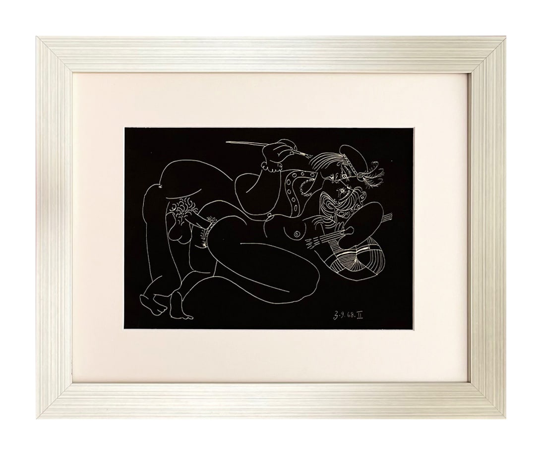 Pablo Picasso Gravure Erotic 2 dated 3/9/1968 framed: Title: Pablo Picasso Gravure Erotic 2 dated 3/9/1968 framed Description: Title: Erotic 2 dated 3 /9 / 1968. Artist: Pablo Picasso. Country: Spain. Medium: Lithograph. Marks: Not signed, not numbered. 