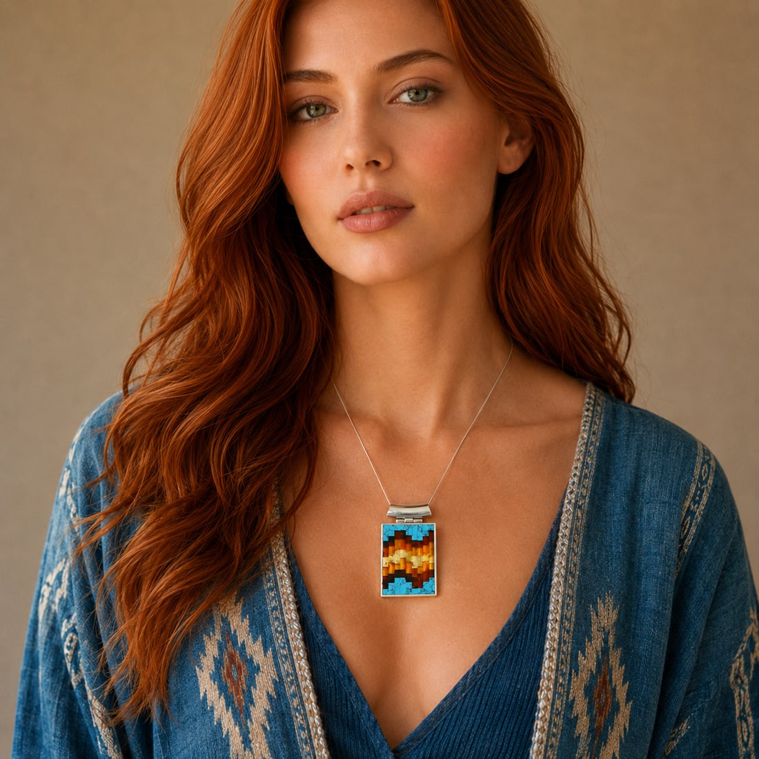 Baltic Amber and Turquoise Necklace- Sterling Silver: Title:Baltic Amber and Turquoise Necklace- Sterling Silver Description:This Baltic amber and turquoise necklace features a geometric mosaic inlay crafted in solid sterling silver by the artists at