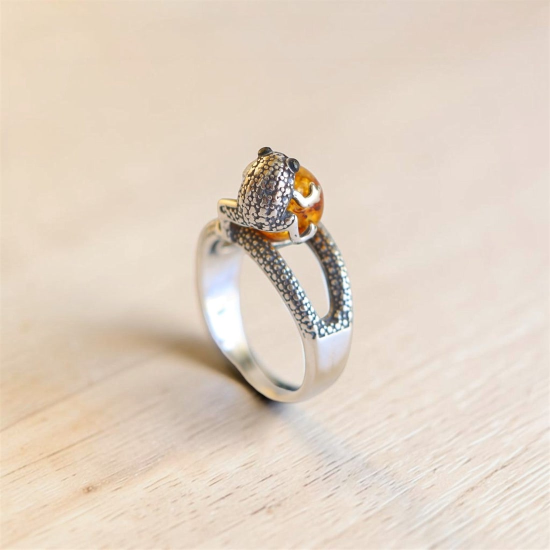 Frog Ring With Baltic Amber in Sterling Silver - 5