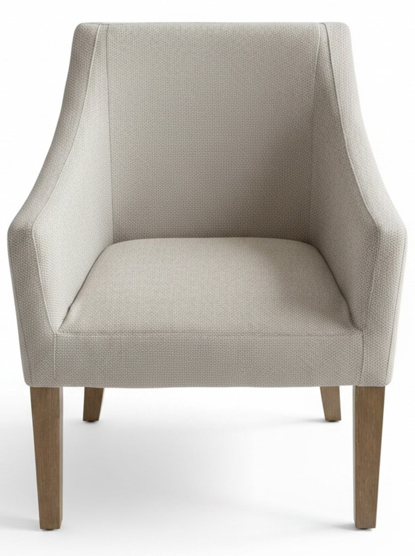 Contemporary Upholstered Accent Chair: A contemporary accent chair with woven light beige/gray upholstery and natural finish tapered wood legs. The chair features a barrel back design and a comfortable cushioned seat. Ideal for a living