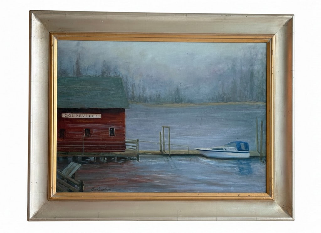 Original Framed Coastal Landscape Oil Painting, "Coupeville": An original oil painting depicting a rustic red boathouse on a pier with a motorized boat docked alongside, under an overcast sky. The work is signed "Carol Carpenter" in the lower right corner.