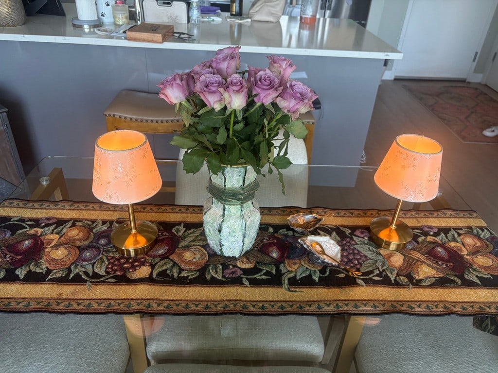 Pair of Contemporary Brass Finish and Floral Fabric Shade Table Lamps - 2