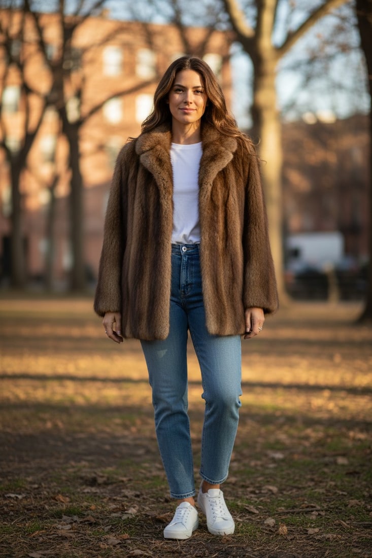 BISAM FUR JACKET EU: L ; US: 16: Title: BISAM FUR JACKET EU: L ; US: 16 Dimensions: Approximate size- EU: L; US: 16 : Important details: Length: 88cm/34,65in -Shoulders width:42cm/16,54in -Sleeve Length:60cm/23,62in -Bust size ( pit 