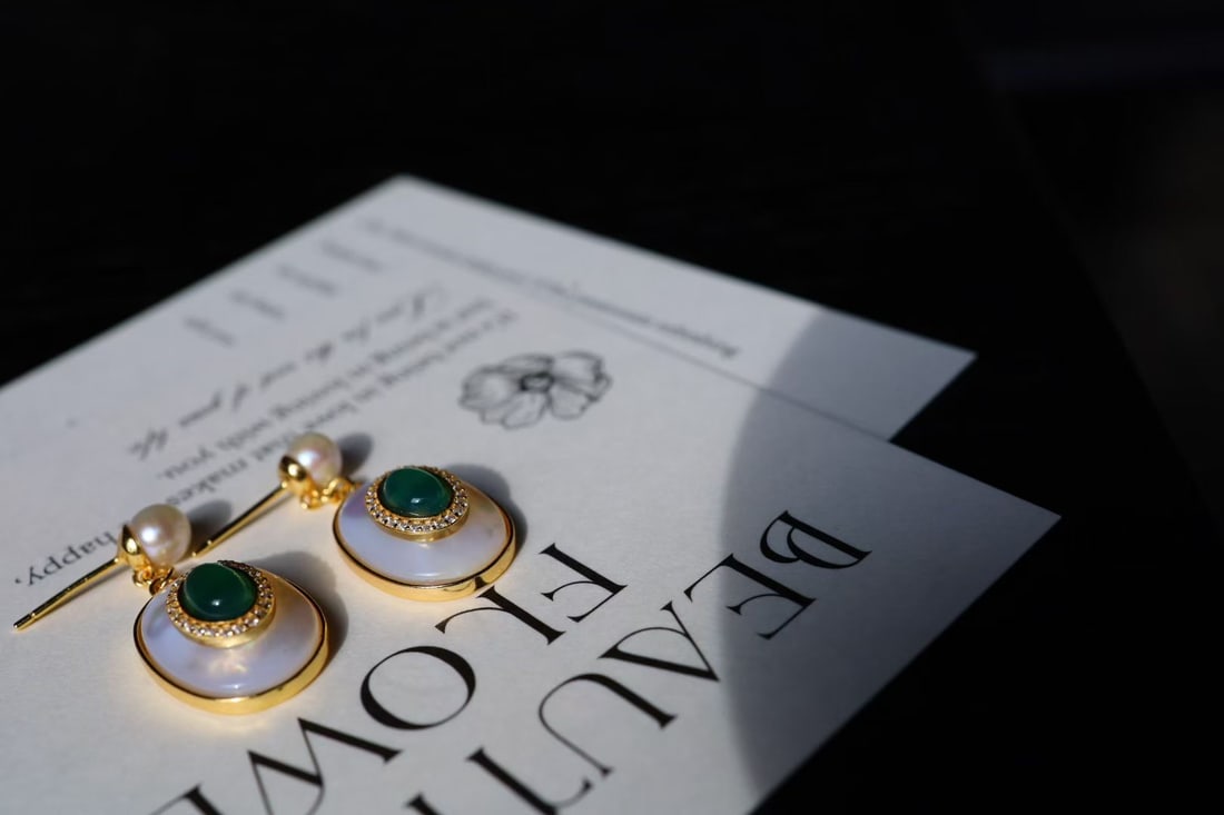 Natural Green Chalcedony and Natural White Mother-of-Pearl Earrings - 4