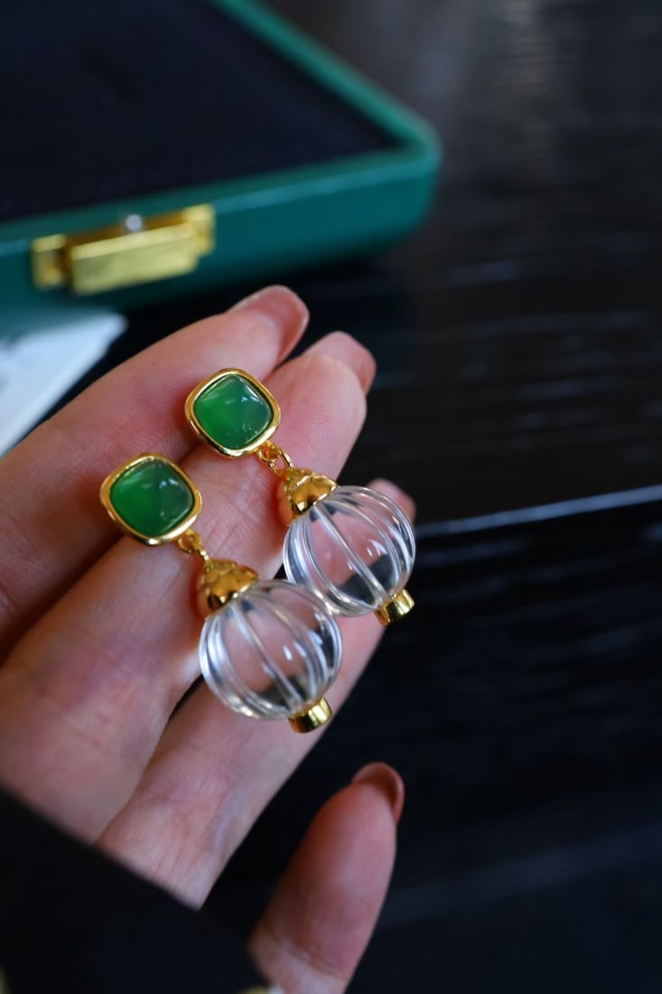Natural White Crystal and Green Chalcedony Earrings - 2
