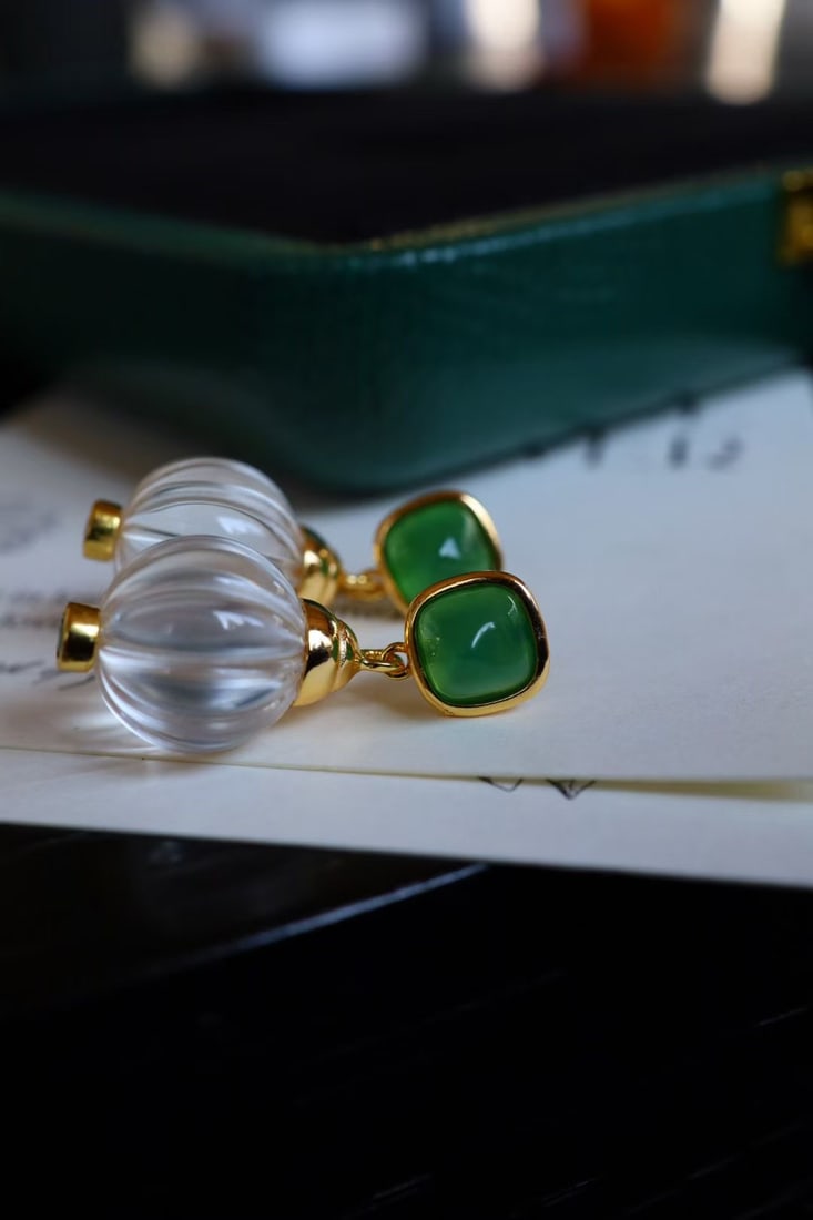 Natural White Crystal and Green Chalcedony Earrings - 7