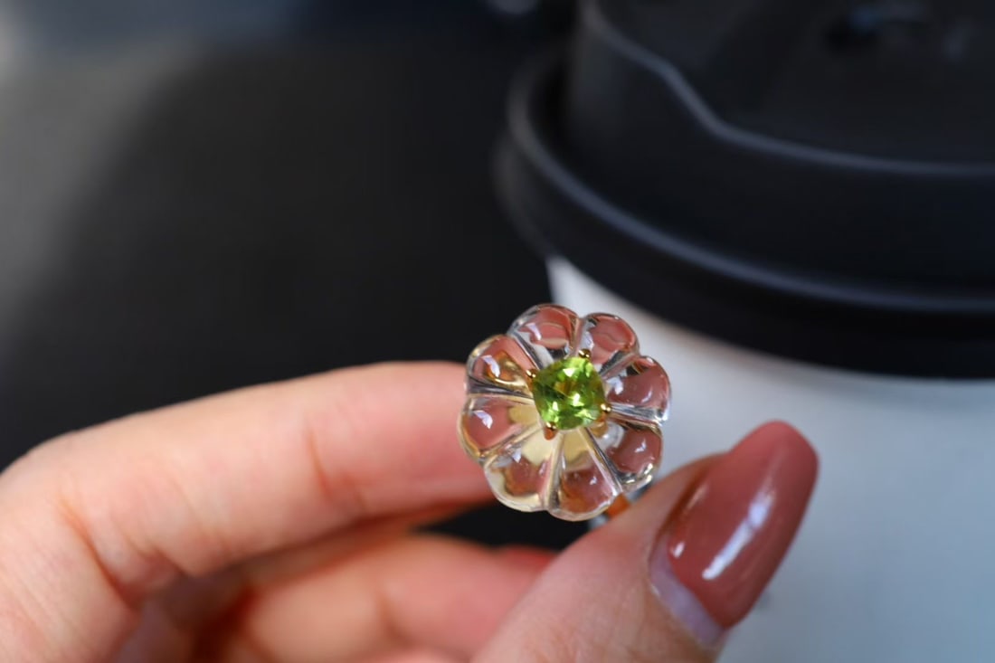 925 silver Natural White Crystal and Peridot Ring - 2