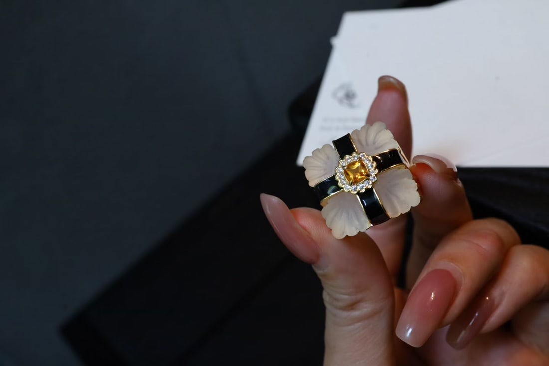 Natural White Crystal and Citrine Ring - 3