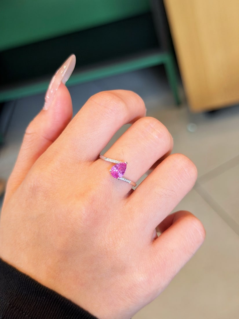 18K Gold Natural Pink Sapphire Diamond Ring - 6