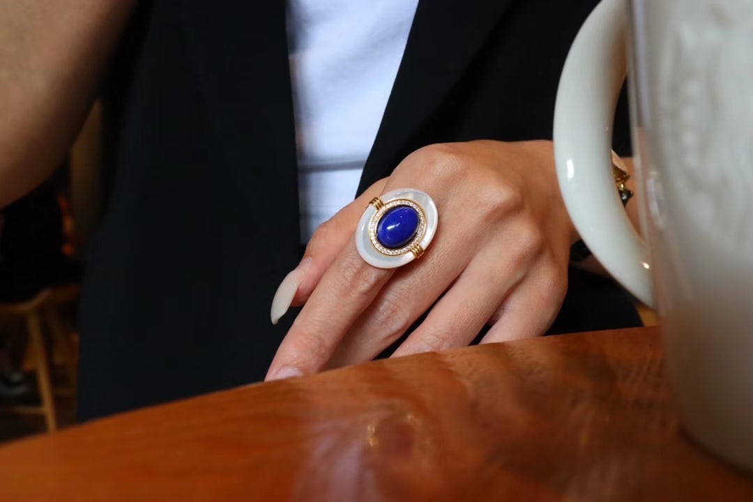 Natural Lapis Lazuli and Natural White Mother-of-Pearl Ring - 2
