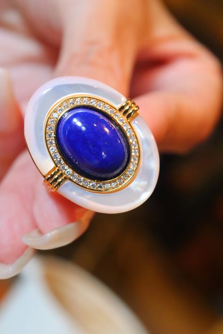 Natural Lapis Lazuli and Natural White Mother-of-Pearl Ring - 3