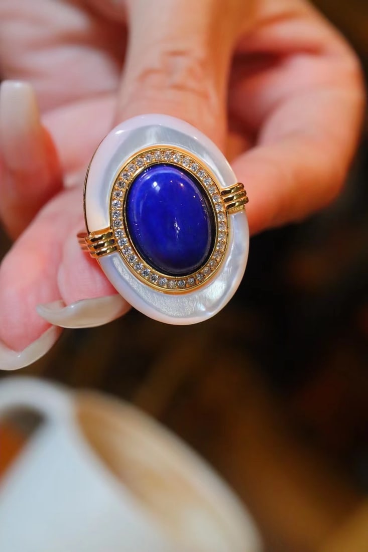 Natural Lapis Lazuli and Natural White Mother-of-Pearl Ring - 6
