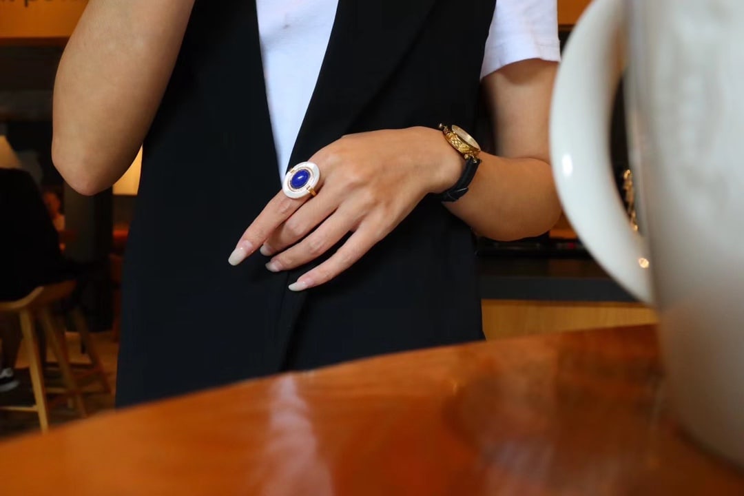 Natural Lapis Lazuli and Natural White Mother-of-Pearl Ring - 7