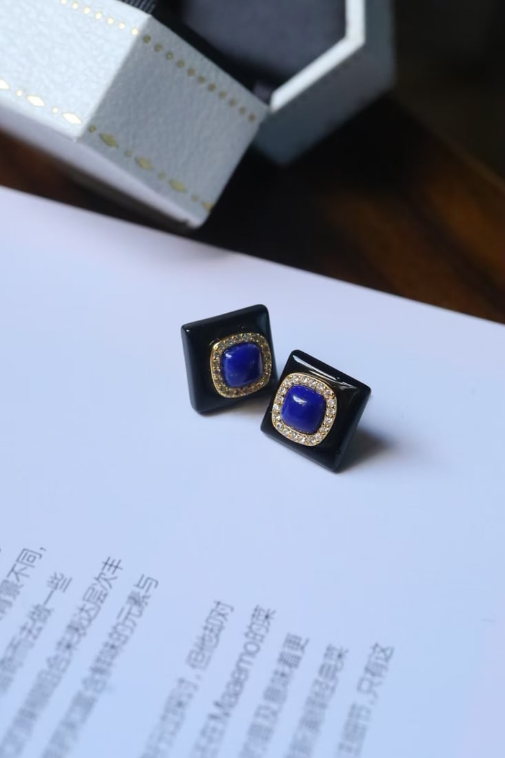 Natural Black Agate Lapis Lazuli Earrings - 2