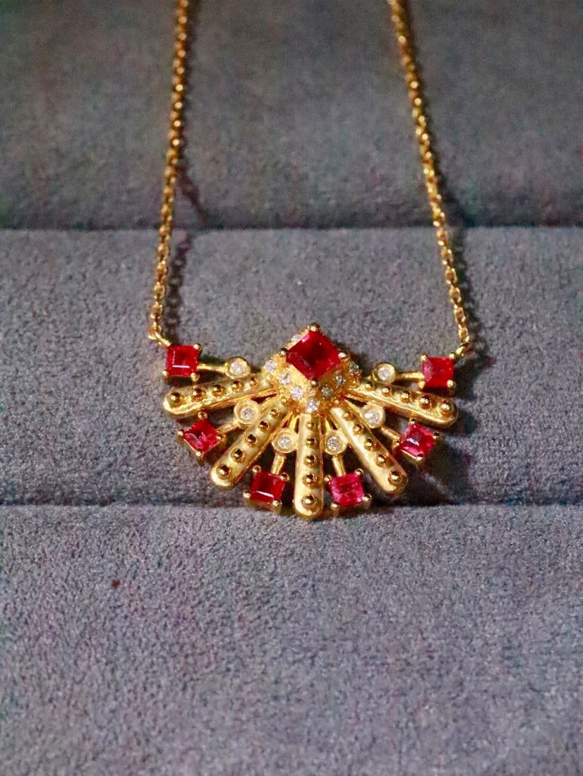 18K Gold Natural Pigeon's Blood Red Ruby Necklace - 4