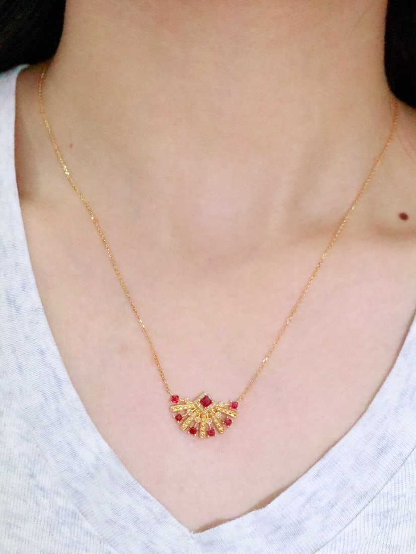 18K Gold Natural Pigeon's Blood Red Ruby Necklace - 6