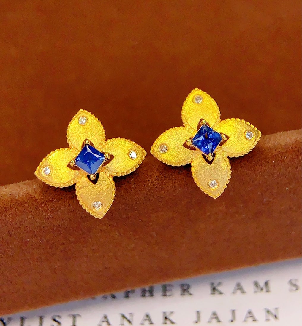 18K Gold Natural Sapphire Earrings - 2