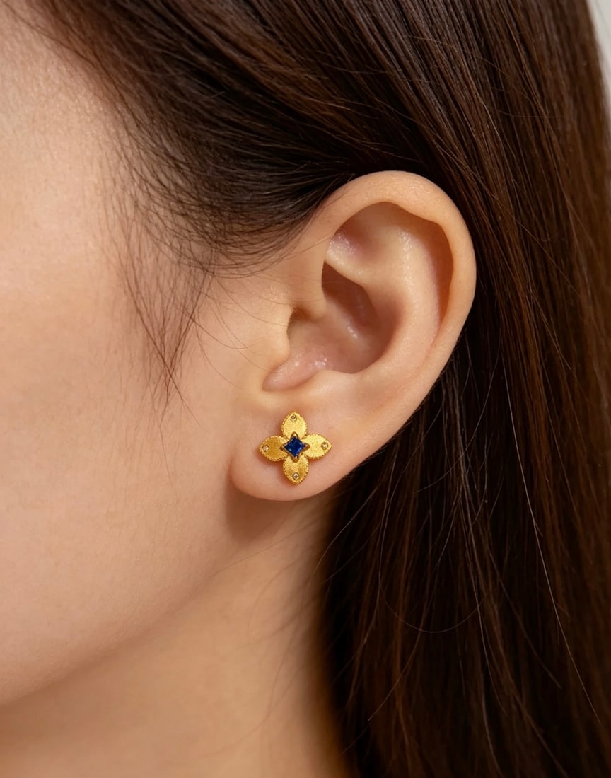 18K Gold Natural Sapphire Earrings - 6